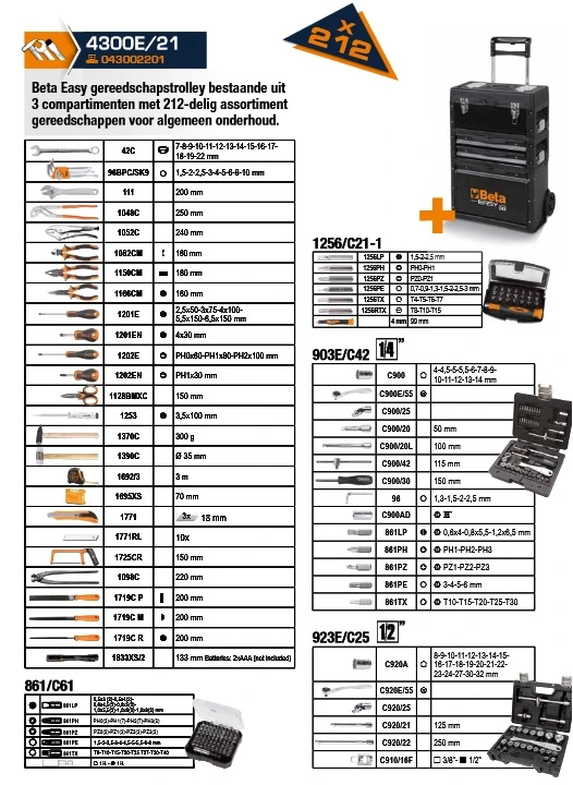 Beta '043002201 4300E/21 Chariot D''outils Rempli 212 Pièces' – Image 3